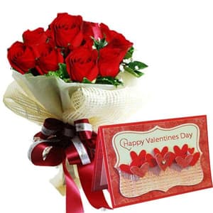 8 Red Roses with Valentines Greeting Card